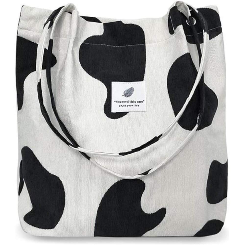 Cow Print Corduroy Tote Bag with Secure Buckles and Straps With Inner Pockets